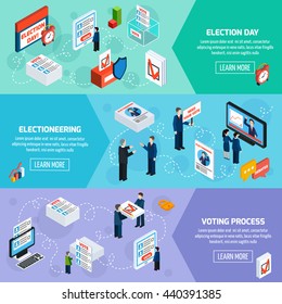 Elections and voting isometric horizontal banners with electioneering election day and voting process icons set flat vector illustration