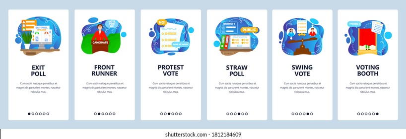 Elections and voting process. Exit poll, straw public opinion survey, voting booth, leader. Mobile app screens. Vector banner template for website and mobile development. Web site design illustration.