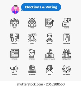 Los iconos de las elecciones y de la delgada línea de votación están configurados: votantes, urnas, toma de posesión, corrupción, debate, presidente, victoria política, propaganda, soborno, agitación. Ilustración vectorial moderna.