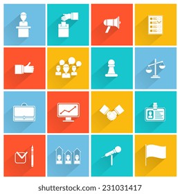 Elections and voting white icons set with briefcase id chart isolated vector illustration