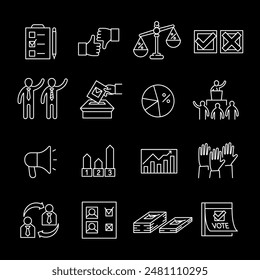 Elections, white line icons. Icons for voting and election activities. political and civic themes. Symbols on black background. Editable stroke.