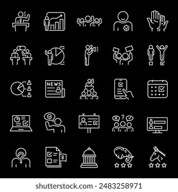 Elections, white line icons. Voting and election activities, results and statistics. Ideal for political and civic themes. Symbols on black background. Editable stroke.