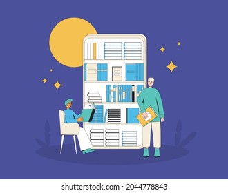 Electonic books. Young adults reading at night. Books lover. Vector illustration.