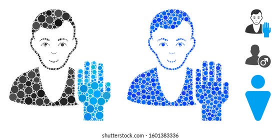 Elector composition of spheric dots in variable sizes and shades, based on elector icon. Vector round dots are united into blue composition. Dotted elector icon in usual and blue versions.