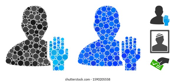 Elector mosaic of round dots in various sizes and color tinges, based on elector icon. Vector round dots are combined into blue mosaic. Dotted elector icon in usual and blue versions.