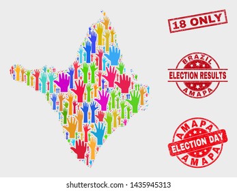 Electoral Amapa state map and stamps. Red rectangular 18 Only scratched stamp. Colored Amapa state map mosaic of raised up electoral hands. Vector composition for election day, and ballot results.