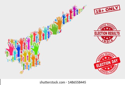 Electoral Andhra Pradesh State map and watermarks. Red rectangle 18+ Only distress seal. Colored Andhra Pradesh State map mosaic of raised electoral hands. Vector composition for election day,