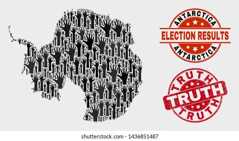 Electoral Antarctica continent map and seal stamps. Red rounded Truth textured seal. Black Antarctica continent map mosaic of upwards electoral arms. Vector collage for referendum results,