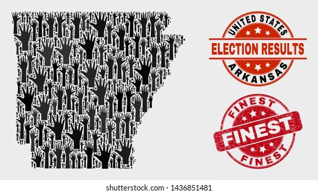 Electoral Arkansas State map and seal stamps. Red round Finest distress seal stamp. Black Arkansas State map mosaic of upwards choice arms. Vector composition for ballot results,