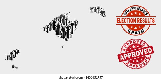 Electoral Balearic Islands map and seal stamps. Red round Approved distress seal stamp. Black Balearic Islands map mosaic of upwards raising arms. Vector collage for ballot results,