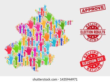 Electoral Beijing City map and seal stamps. Red rectangle Approve scratched seal. Bright Beijing City map mosaic of upwards election arms. Vector composition for election day, and ballot results.
