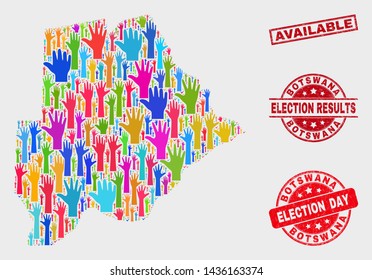 Electoral Botswana map and seal stamps. Red rectangular Available grunge seal. Colored Botswana map mosaic of upwards vote hands. Vector composition for election day, and referendum results.