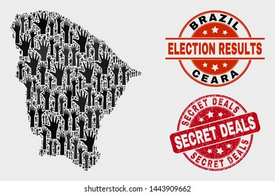 Electoral Ceara state map and seal stamps. Red round Secret Deals scratched seal. Black Ceara state map mosaic of raised solution arms. Vector composition for referendum results,