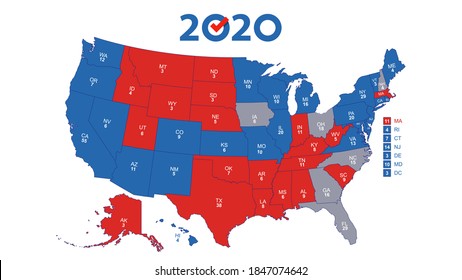 The Electoral College. Usa Map Voting. Election Map Each State American Electoral Votes Showing The Number Of Electors. Republicans And Democrats On The Map. Political Vector Infographic. 