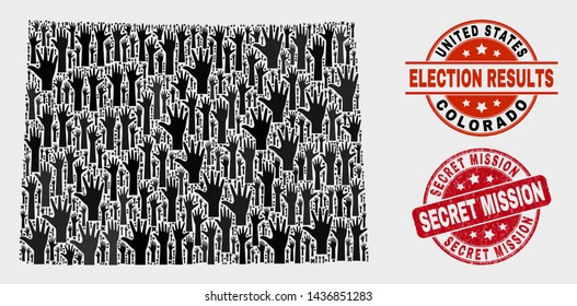 Electoral Colorado State map and seal stamps. Red rounded Secret Mission scratched seal stamp. Black Colorado State map mosaic of raised support arms. Vector combination for election results,
