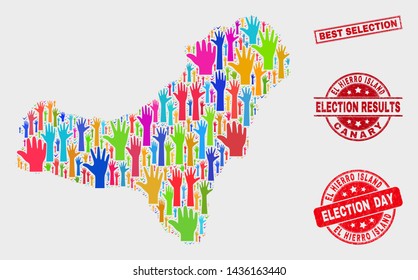 Electoral El Hierro Island map and seals. Red rectangular Best Selection distress watermark. Colorful El Hierro Island map mosaic of upwards electoral arms. Vector collage for election day,