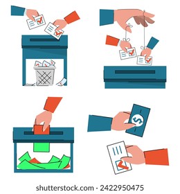 Electoral fraud set vector isolated. Changing ballots, vote rigging and corruption. Fraud in politics. Exchange vote for cash.