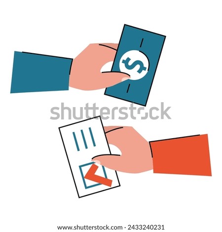 Electoral fraud vector isolated. Changing ballots, vote rigging and corruption. Fraud in politics. Hands exchange vote for cash.