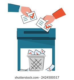 Electoral fraud vector isolated. Vote rigging and corruption. Fraud in politics. People put vote ballots in box and they fall in garbage bin hidden under the ballot box.
