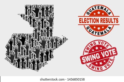 Electoral Guatemala map and seals. Red round Swing Vote textured stamp. Black Guatemala map mosaic of raised up referendum arms. Vector combination for referendum results, with Swing Vote stamp.