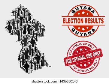 Electoral Guyana map and stamps. Red round For Official Use Only textured stamp. Black Guyana map mosaic of upwards electoral arms. Vector collage for referendum results,