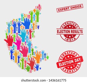 Electoral Karnataka State map and seal stamps. Red rectangular Expert Choice scratched seal. Colored Karnataka State map mosaic of upwards solution hands. Vector collage for election day,