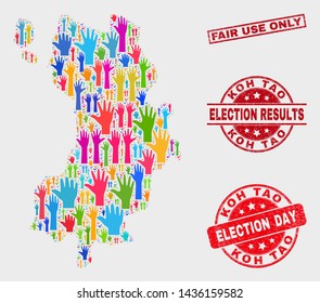 Electoral Koh Tao map and watermarks. Red rectangular Fair Use Only textured watermark. Colorful Koh Tao map mosaic of raised ballot hands. Vector composition for election day, and ballot results.