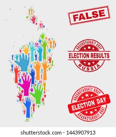 Electoral Krasnoyarskiy Kray map and watermarks. Red rectangular False scratched seal. Colorful Krasnoyarskiy Kray map mosaic of raised ballot hands. Vector combination for election day,