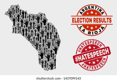 Electoral La Rioja of Argentina map and seal stamps. Red rounded #Hatespeech distress seal. Black La Rioja of Argentina map mosaic of raised up support arms. Vector combination for referendum results,