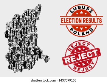 Electoral Lubusz Voivodeship map and seal stamps. Red round Reject distress seal stamp. Black Lubusz Voivodeship map mosaic of upwards electoral arms. Vector combination for ballot results,