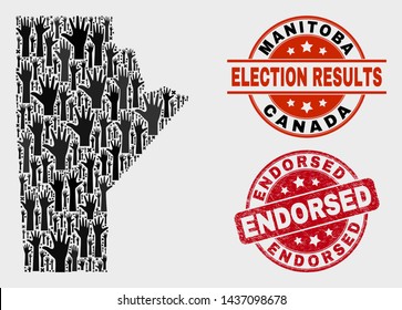 Electoral Manitoba Province map and seals. Red rounded Endorsed distress seal. Black Manitoba Province map mosaic of raised choice arms. Vector composition for election results,