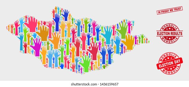Electoral Mongolia map and watermarks. Red rectangular In Friday We Trust textured stamp. Bright Mongolia map mosaic of raised up election hands. Vector combination for election day,