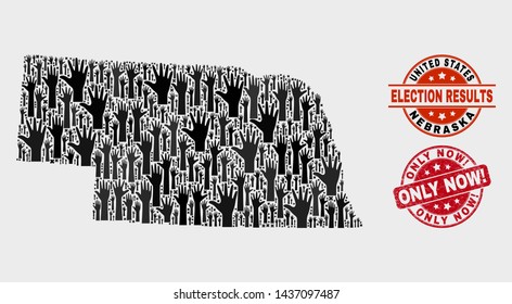 Electoral Nebraska State map and seals. Red rounded Only Now! distress seal stamp. Black Nebraska State map mosaic of raised up support hands. Vector composition for ballot results,