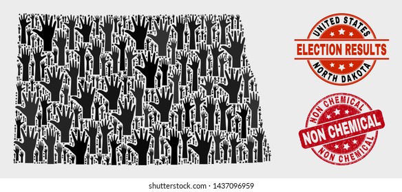 Electoral North Dakota State map and stamps. Red round Non Chemical textured stamp. Black North Dakota State map mosaic of upwards choice arms. Vector combination for election results,