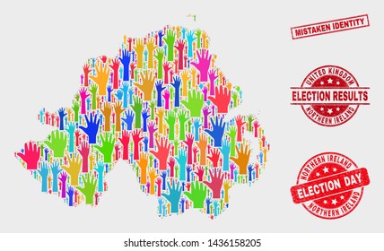 Electoral Northern Ireland map and seal stamps. Red rectangular Mistaken Identity scratched seal. Colored Northern Ireland map mosaic of upwards volunteer arms. Vector collage for election day,
