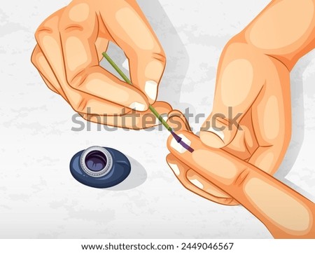 An electoral officer applying electoral stain ink on the index finger. Vector of blue finger in Election ink bottle. Voting sign on finger. Ink spot on finger nail. Indian Voting Concept.