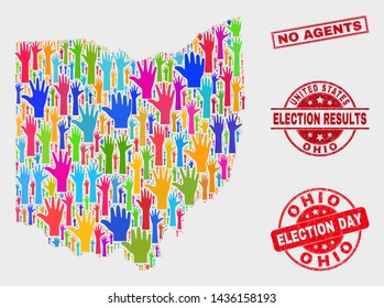 Electoral Ohio State map and seal stamps. Red rectangle No Agents distress seal. Bright Ohio State map mosaic of raised support hands. Vector combination for election day, and referendum results.
