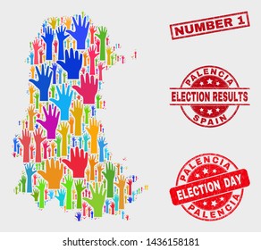 Electoral Palencia Province map and watermarks. Red rectangle Number 1 textured seal. Colored Palencia Province map mosaic of raised up ballot hands. Vector combination for election day,