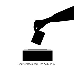 electoral process. voting a person throws a ballot into the ballot box. silhouette of hand and ballot box