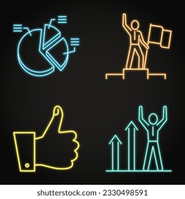 Electoral rating neon icon set. Voting, distribution of votes, victory and success symbols. Vector illustration.