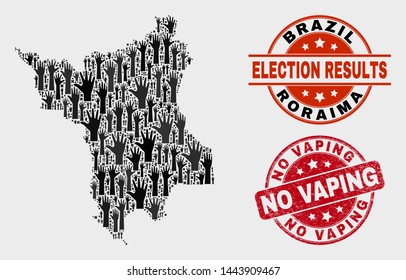 Electoral Roraima State map and seal stamps. Red rounded No Vaping distress seal. Black Roraima State map mosaic of raised electoral arms. Vector collage for referendum results, with No Vaping stamp.