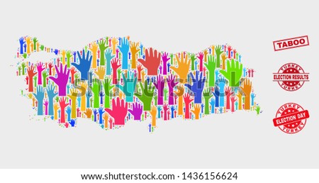 Electoral Turkey map and watermarks. Red rectangle Taboo textured seal. Colorful Turkey map mosaic of raised election arms. Vector composition for election day, and ballot results.