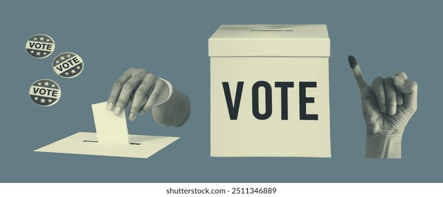 Electoral vote collage, hand gesture voting into ballot box, ink on pinky finger as prove. Presidential election pin campaign. Vector design element with vintage color.