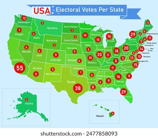 Votos electorales asignados a cada estado para las elecciones presidenciales de los Estados Unidos. Ilustración vectorial