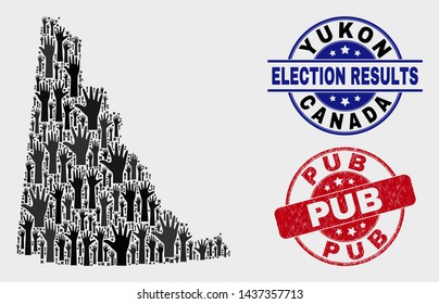 Electoral Yukon Province map and seals. Red round Pub grunge watermark. Black Yukon Province map mosaic of raised raising arms. Vector composition for ballot results, with Pub watermark.