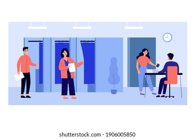 Electorate people voting in booths at election poll. Government representative making records. Vector illustration for election campaign, democracy, politics concept