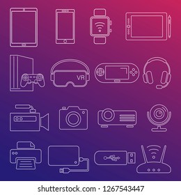 Electorinc devices. Stroke, outline style. Icons of digital devices. Smartphone, tablet, smartwatch, video game console, router, camera, webcam, photo, virtual reality glasses. Vector set.