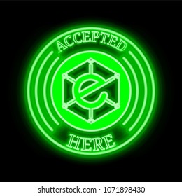 Electra (ECA) green  neon cryptocurrency symbol in round frame with text "Accepted here"