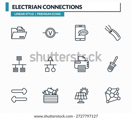 electrian connections icons set - files and folders, voltmeter, from electrian connections collection. thin, screwdriver, connections outline vector collection.