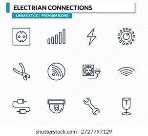 electrian connections icons set - socket, full, electricity,  , broken outline vector collection.